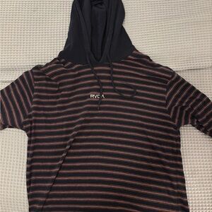 RVCA Men's Black and Red Striped Hoodie Sweater